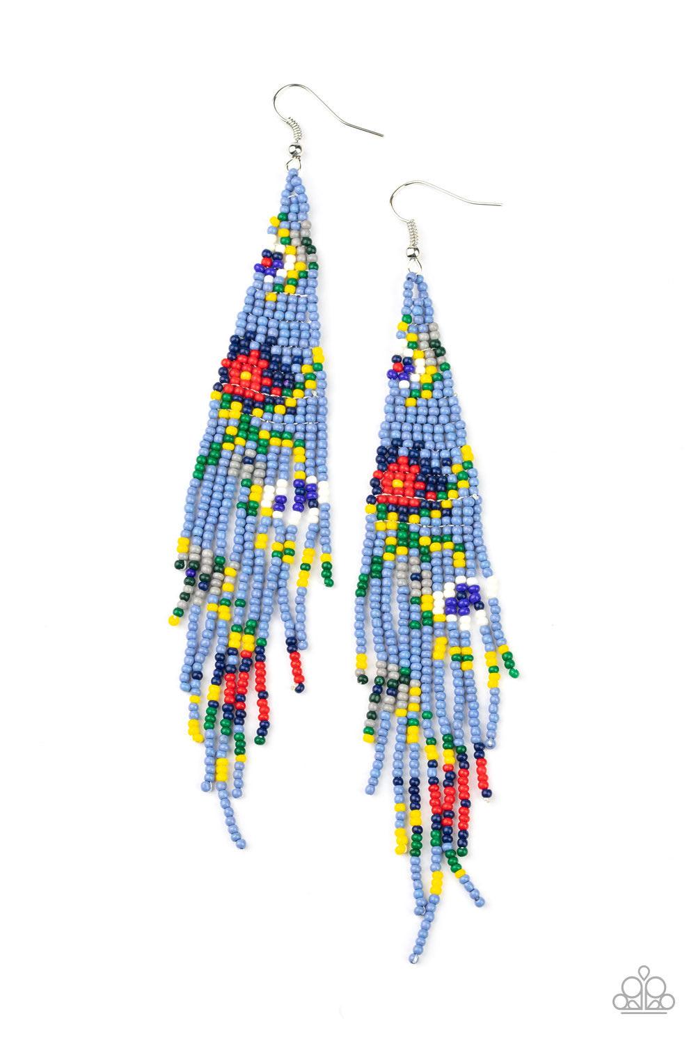 Paparazzi Accessories Beaded Gardens - Blue Strands of blue, gray, yellow, green, red, and white seed beads colorfully weave into a vivaciously floral beaded fringe. Earring attaches to a standard fishhook fitting. Sold as one pair of earrings. Jewelry