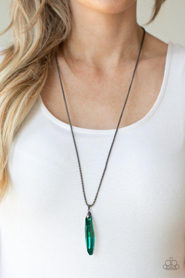 Paparazzi Accessories Meteor Shower - Green Featuring a metallic back, a glittery green swings from the bottom of a lengthened gunmetal popcorn chain for an edgy look. Features an adjustable clasp closure. Sold as one individual necklace. Includes one pai