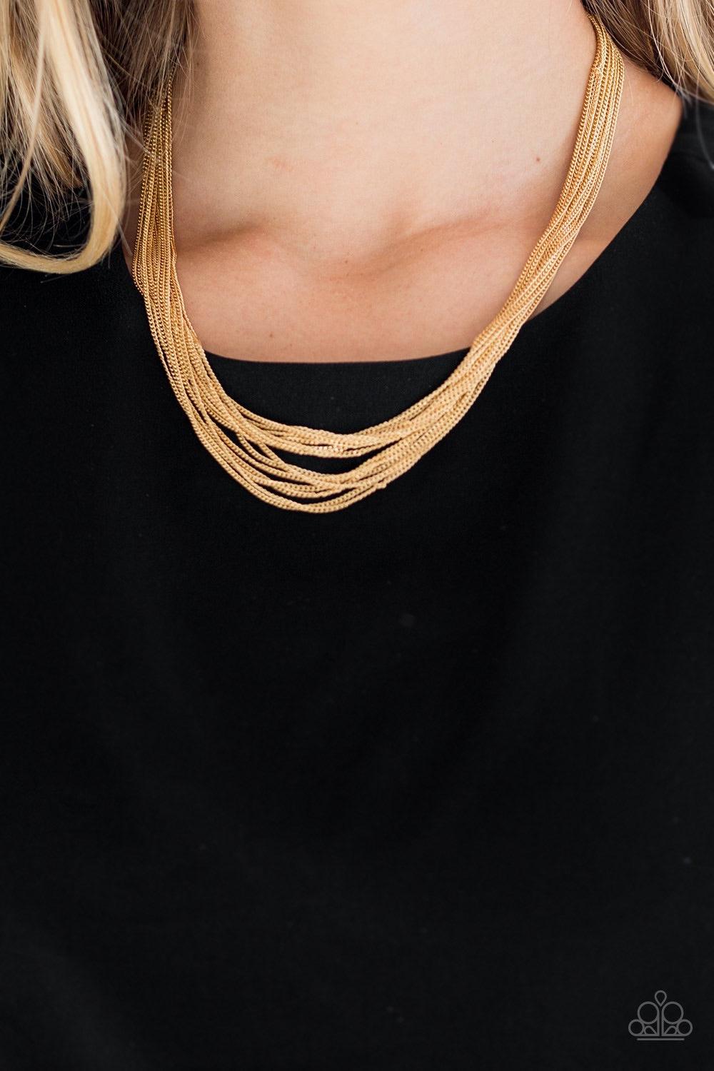 Paparazzi Accessories Backstage Bravado - Gold Row after row of dainty gold chains layer below the collar, coalescing into a bulky statement piece. Features an adjustable clasp closure. Jewelry