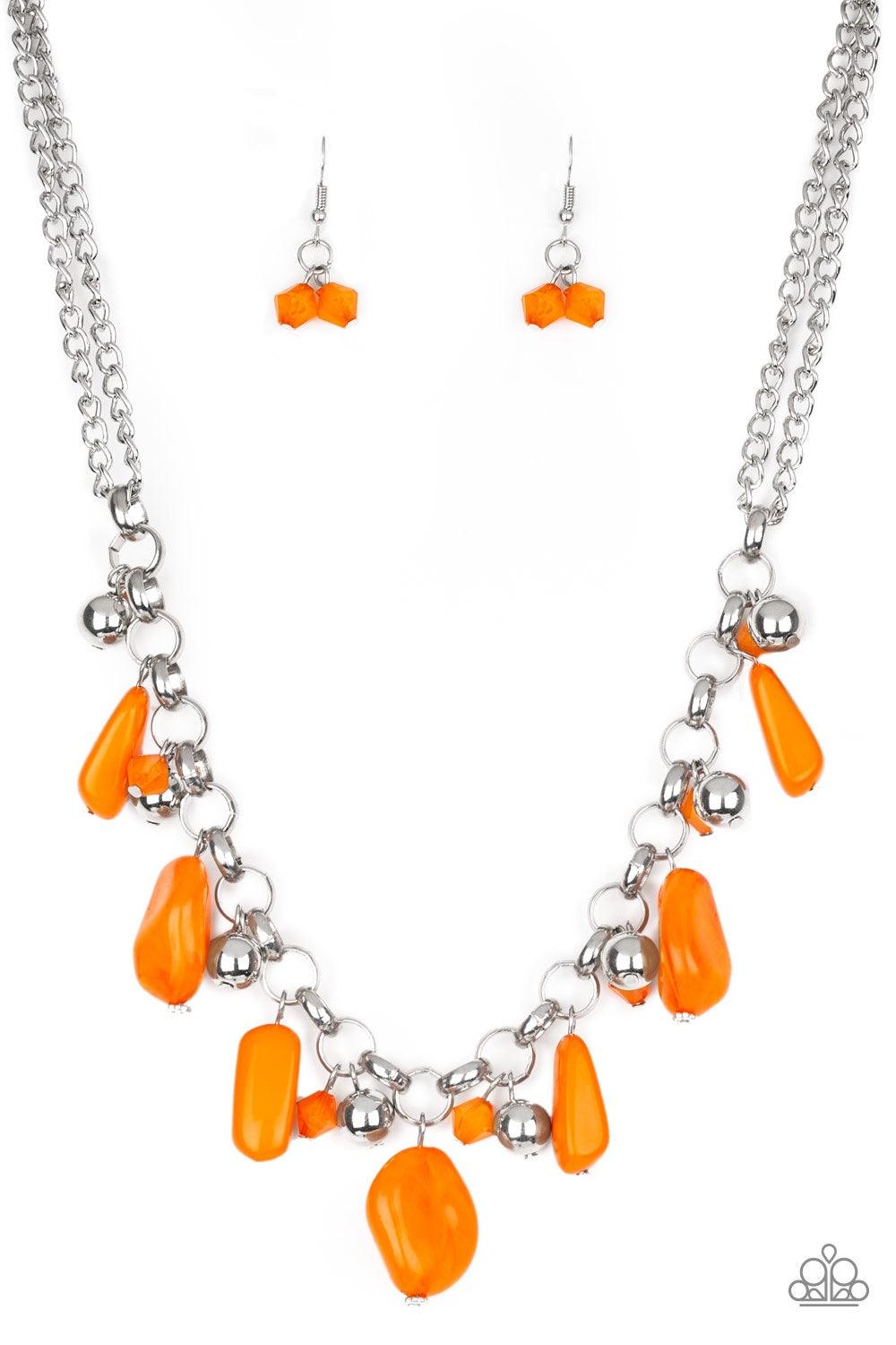 Paparazzi Accessories Grand Canyon Grotto - Orange Featuring polished and cloudy finishes, a collection of Turmeric faux rocks dance from the bottom of a bold silver chain. Classic silver beads trickle between the colorful beading, adding a metallic shimm