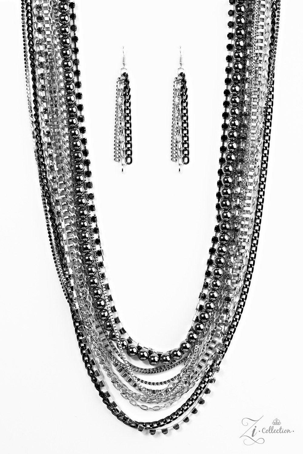 Paparazzi Accessories Epic Rows of glistening gunmetal beads, silver box-chain, and edgy black chain drape into endless layers of shimmer. Infused with rows of classic silver chains, strands of black and smoky rhinestones pressed into square frames drip b
