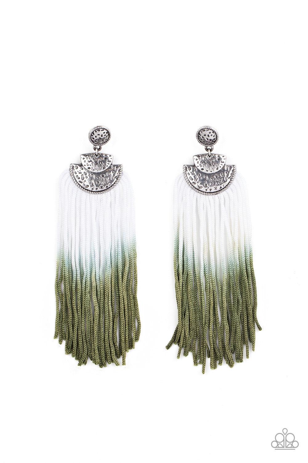 Paparazzi Accessories DIP It Up - Green Gradually fading from white to green, shiny cording streams from the bottom of hammered silver frames, creating a colorful fringe. Earring attaches to a standard post fitting. Sold as one pair of post earrings. Jewe