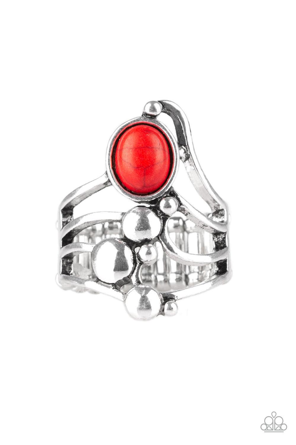 Paparazzi Accessories Wanderlust Wanderer ~Red Dotted with bubbly silver frames, glistening silver bars swoop across the finger. A fiery red stone is pressed into the top of the whimsically stacked frame for a seasonal finish. Features a stretchy band for
