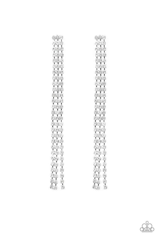 Paparazzi Accessories Stellar Starlight - Black Three strands of glittery white rhinestones free-fall from the ear, coalescing into a timeless chandelier. Earring attaches to a standard post fitting. Sold as one pair of post earrings. Jewelry