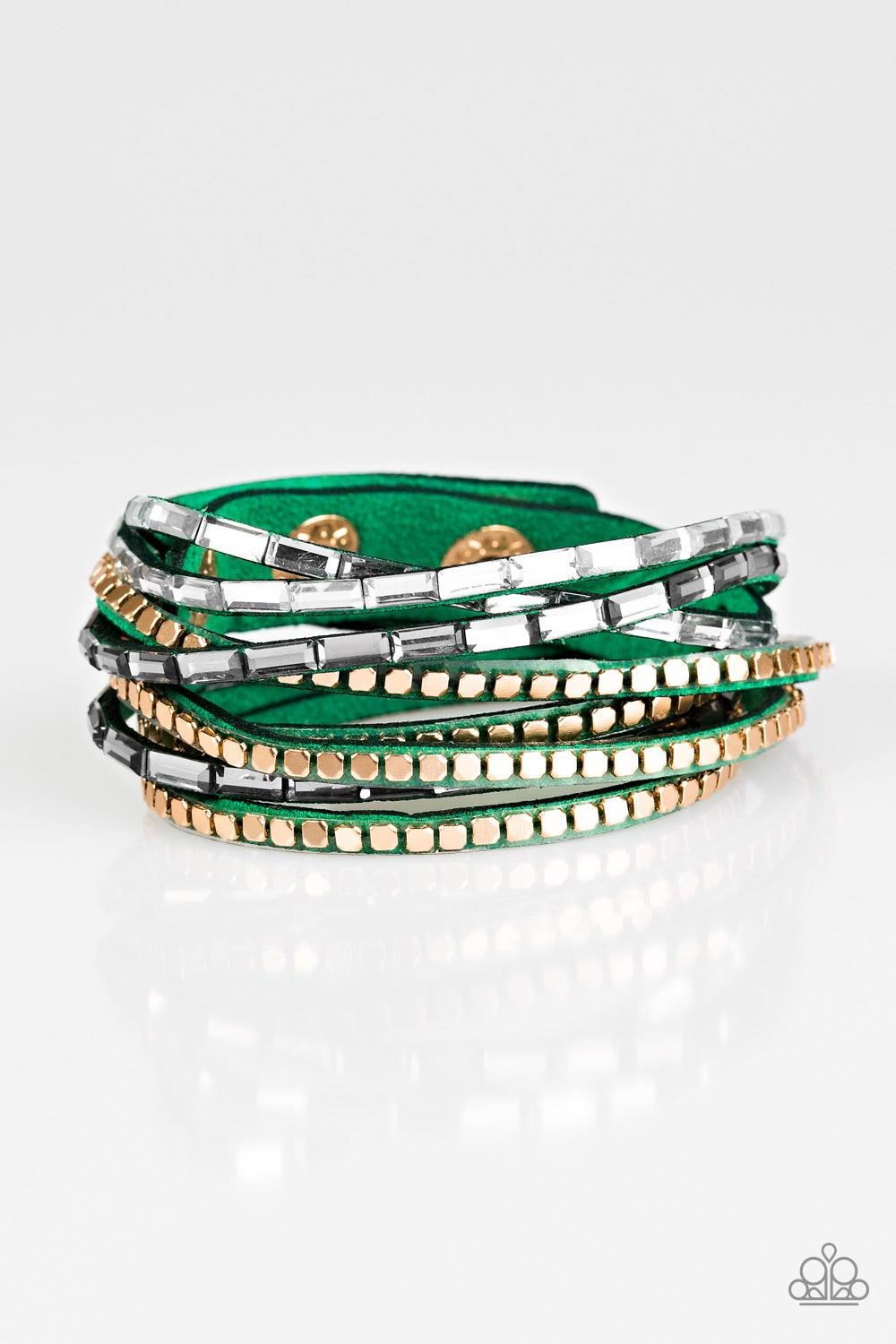 Paparazzi Accessories This Time With Attitude - Green Smoky and white emerald cut rhinestones and flat gold cube beads are encrusted along strands of green suede for a sassy look. The elongated band double wraps around the wrist for a fierce one-of-a-kind