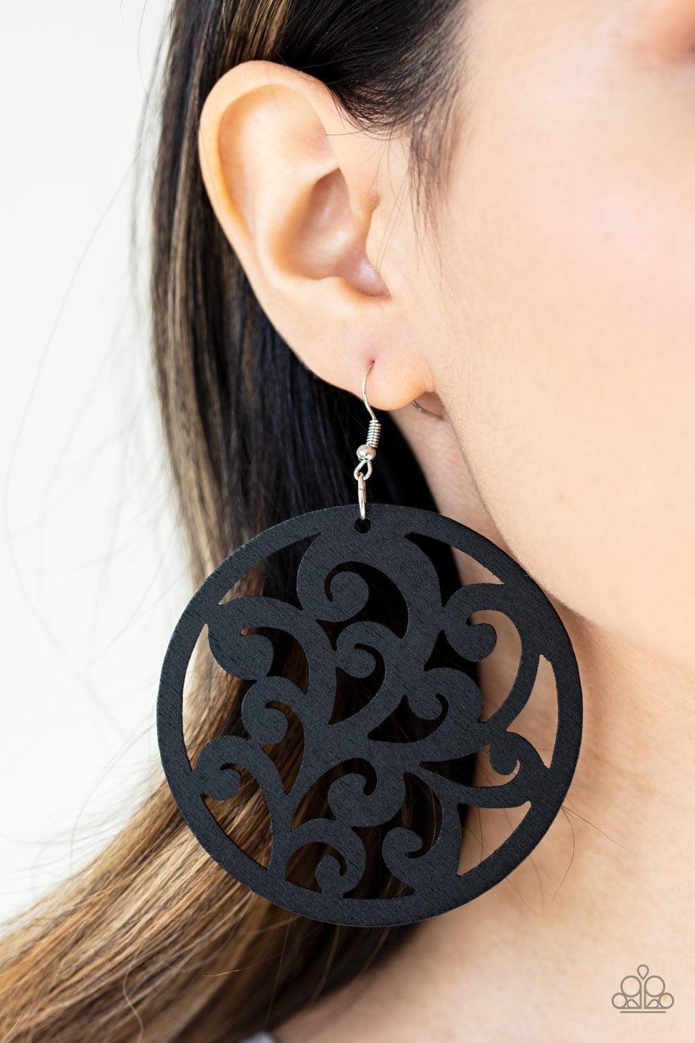 Paparazzi Accessories Fresh Off the Vine - Black Stenciled in vine-like filigree, a black wooden frame swings from the ear for an earthy look. Earring attaches to a standard fishhook fitting. Jewelry
