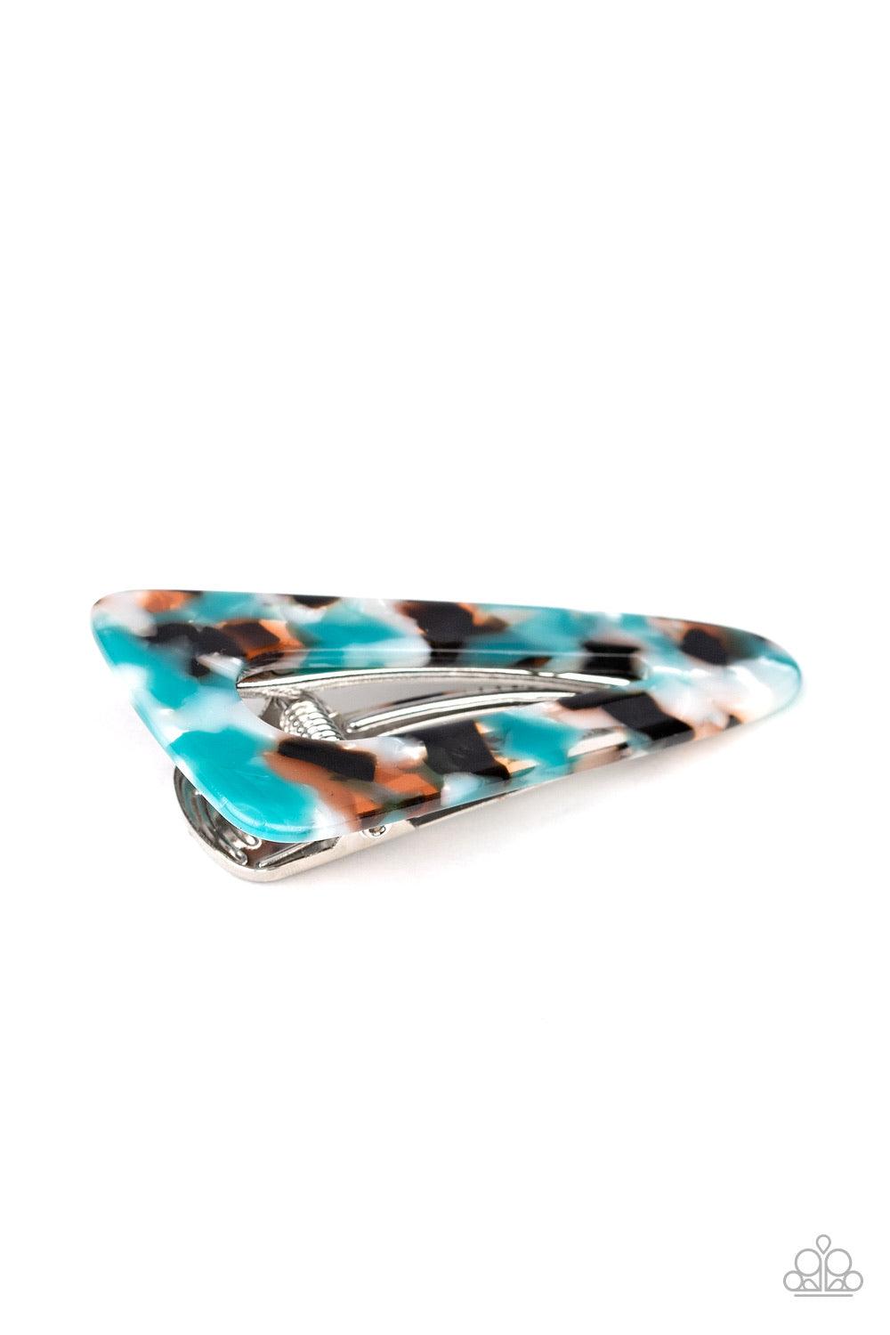 Paparazzi Accessories Clip Art - Blue Featuring a colorful speckled finish, an triangular acrylic hair clip pins back the hair for a retro look. Features a standard hair clip on the back. Hair Accessories