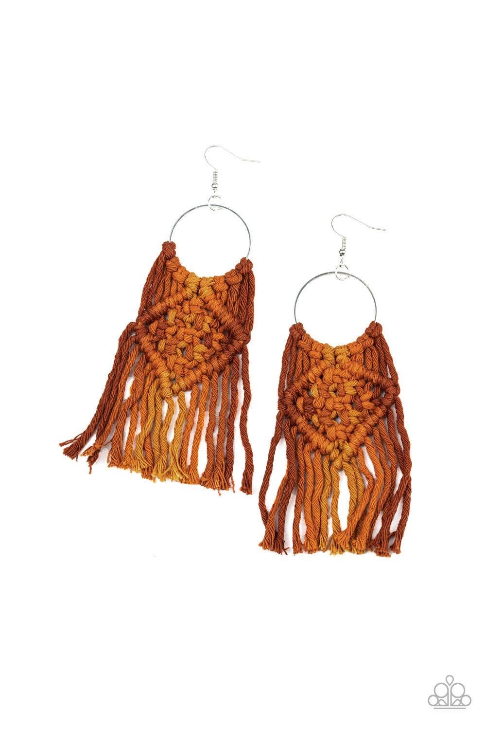 Paparazzi Accessories Macrame Rainbow - Brown An ombre of mixed brown and orange cording knots around the bottom of a dainty silver hoop, weaving into a colorful macrame fringe. Earring attaches to a standard fishhook fitting. Sold as one pair of earrings