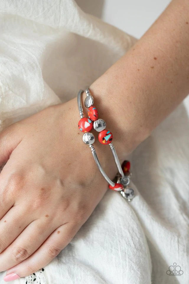 Paparazzi Accessories Terra of Territory - Red Featuring a colorful terrazzo finish, red stone beads join flat and cylindrical silver beads along stretchy bands around the wrist, creating seasonal layers. Jewelry