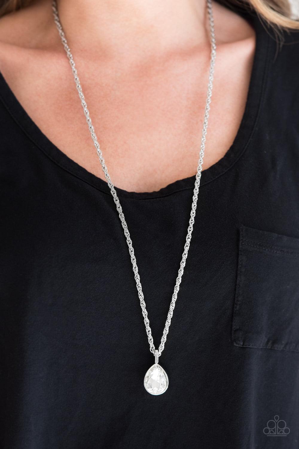 Paparazzi Accessories Million Dollar Drop - White A white teardrop gem is pressed into a sleek silver frame, creating a bold 3-dimensional pendant below the collar. Features an adjustable clasp closure. Sold as one individual necklace. Includes one pair o