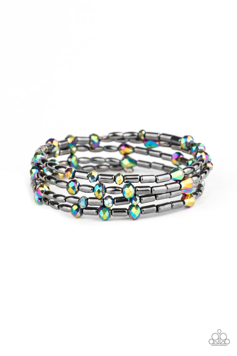 Paparazzi Accessories Regal Remix - Multi Varying in size and shape, iridescent gems and glistening gunmetal beads are threaded along a coiled wire, creating a regal infinity wrap style bracelet around the wrist. Jewelry
