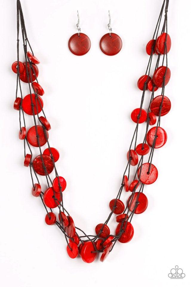Paparazzi Accessories Bermuda Beach House - Red Tinted in a fiery red finish, distressed wooden discs trickle along strands of knotted brown cording, creating colorful layers below the collar for a seasonal vibe. Features a button-loop closure. Sold as on