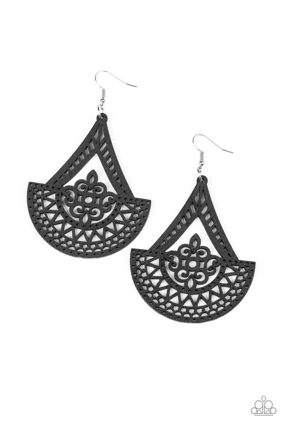 Paparazzi Accessories Tiki Sunrise - Black Stenciled in an airy wooden filigree pattern, a decorative black frame swings from the ear for a seasonal look. Earring attaches to a standard fishhook fitting. Jewelry