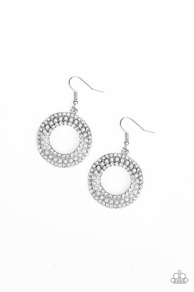 Paparazzi Accessories Sparkle Splurge - Silver A ring of dainty gray pearls is flanked by rings of glassy white rhinestones, coalescing into a timeless piece. Earring attaches to a standard fishhook fitting. Jewelry