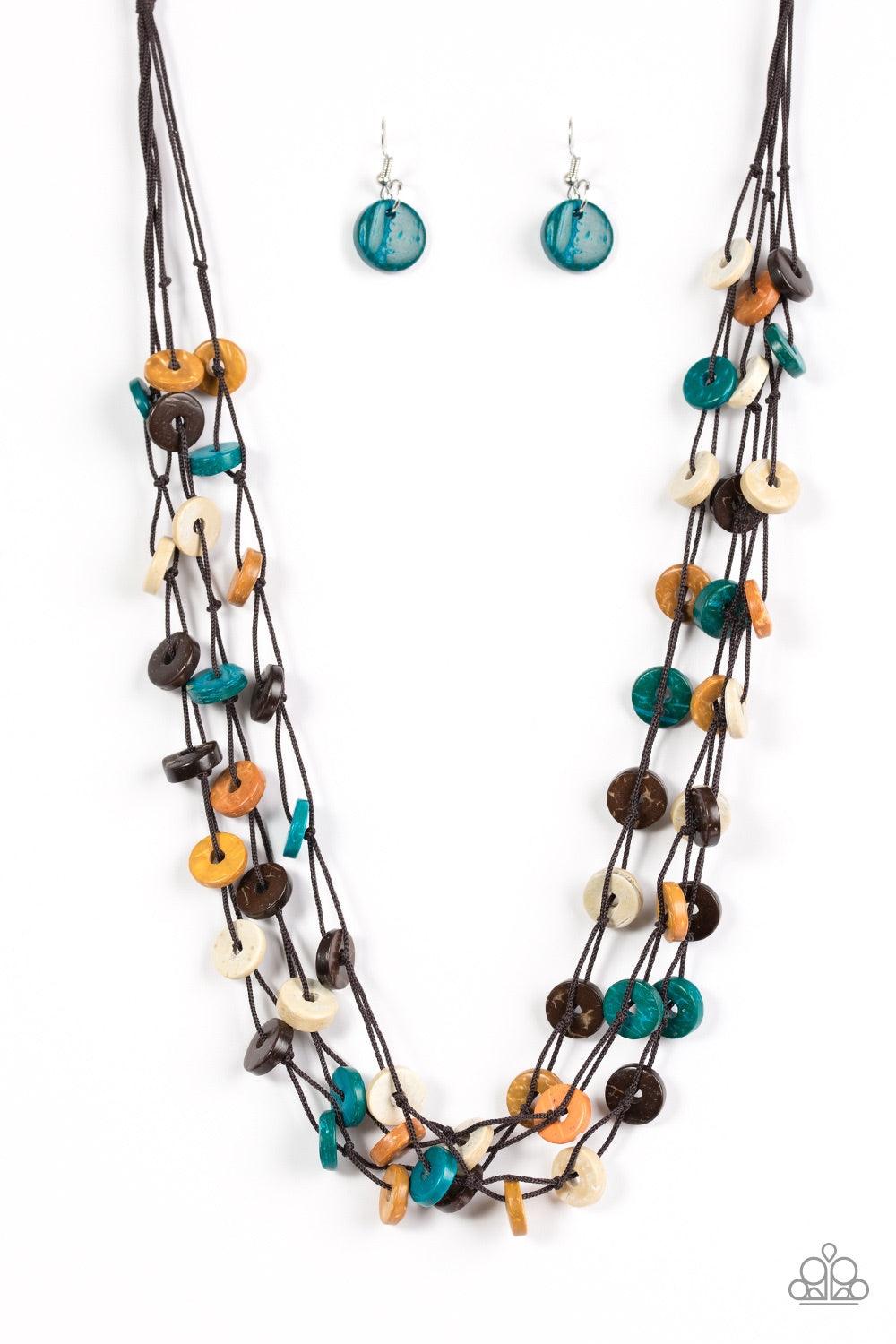 Paparazzi Accessories Hoppin Honolulu - Multi Tinted in multicolored finishes, distressed wooden discs trickle along strands of knotted brown cording, creating colorful layers below the collar for a seasonal vibe. Features a button-loop closure. Jewelry
