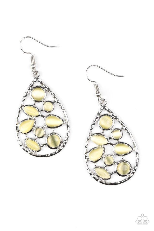 Paparazzi Accessories That Thing You Dew - Yellow Varying in shape, glassy yellow moonstones are sprinkled across the center of a silver teardrop, creating a whimsical lure. Earring attaches to a standard fishhook fitting. Jewelry