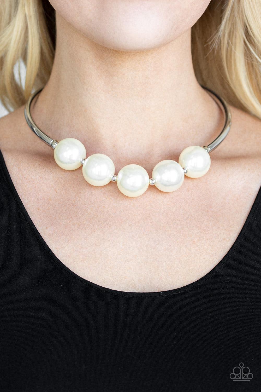 Paparazzi Accessories Welcome To WallStreet - White Threaded along an invisible wire, two arching silver bars give way to a collection of dainty silver beads and oversized white pearls for a dramatic look below the collar. Features an adjustable clasp clo