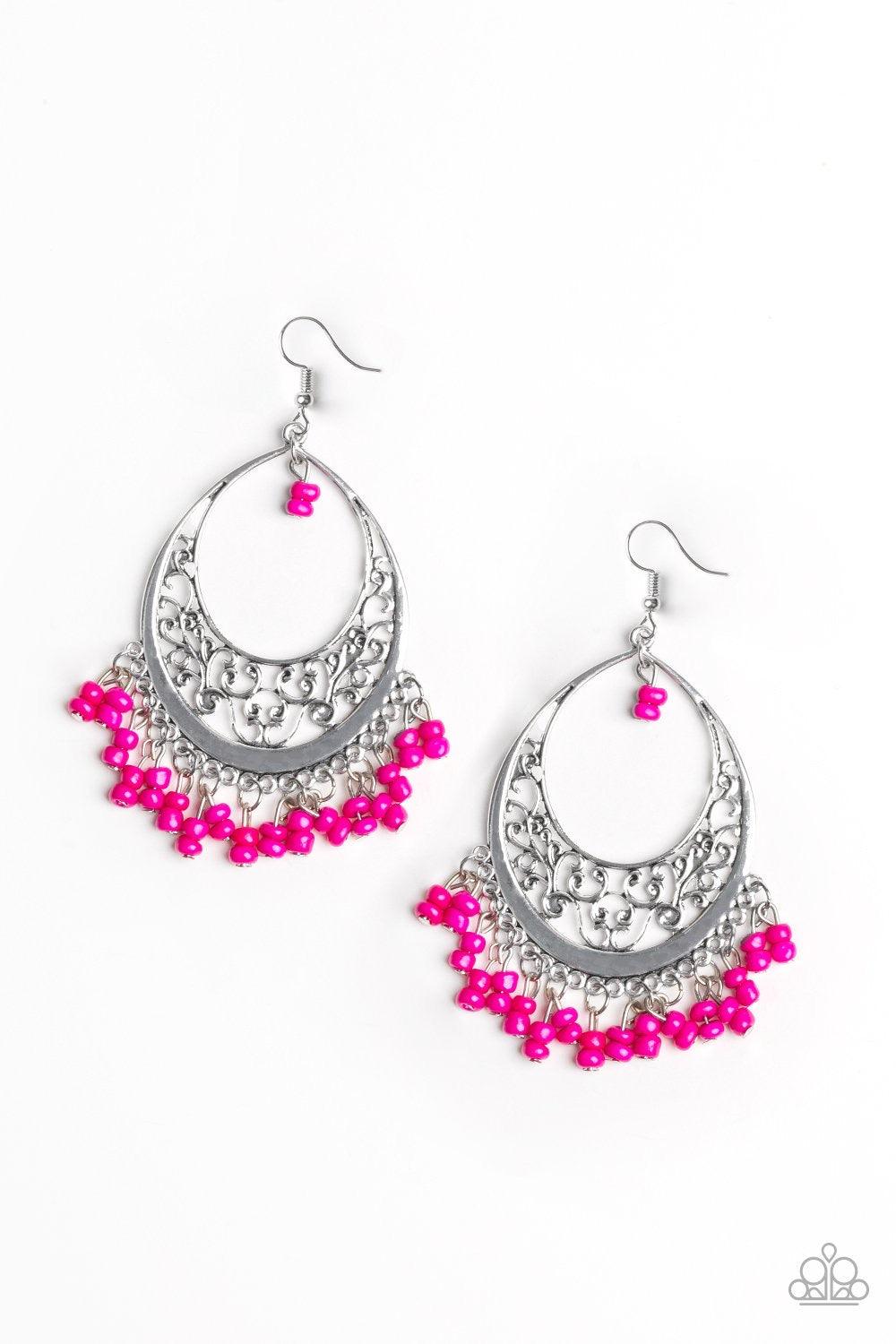 Paparazzi Accessories Malibu Mamba - Pink A stacked fringe of pink seed beads swing from the bottom of a shimmery silver hoop featuring a vine-like border for a whimsical look. Matching seed beads swing from the top of the frame for an eye-catching finish