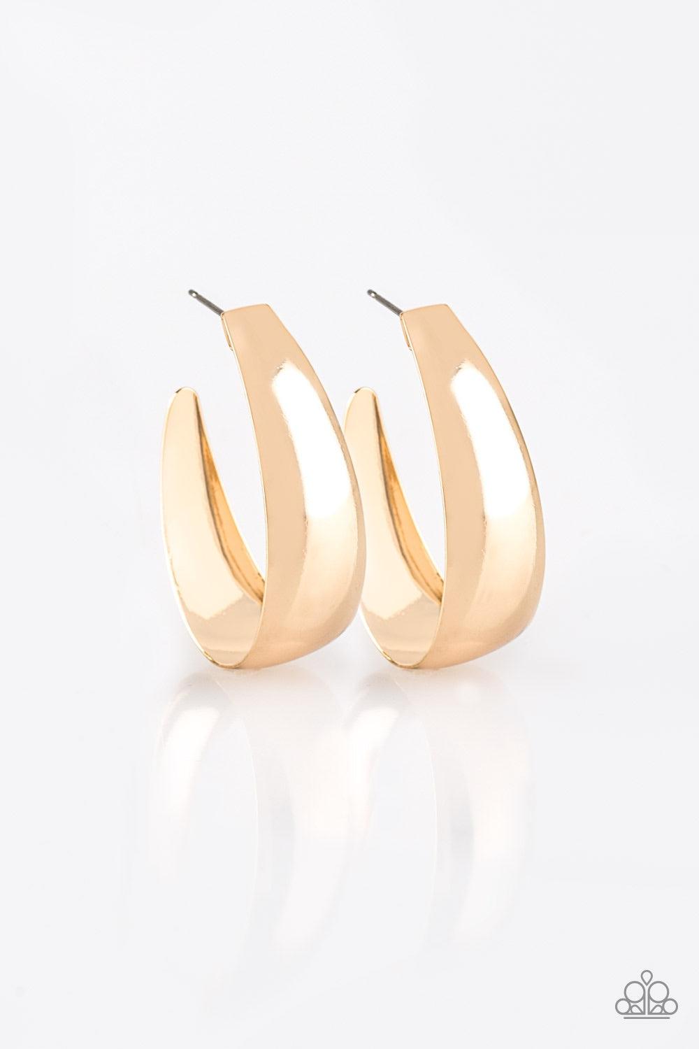 Paparazzi Accessories Gypsy Belle - Gold Brushed in a high-sheen finish, a glistening gold frame sharply curls beneath the ear for a casual look. Earring attaches to a standard post fitting. Hoop measures 1" in diameter. Jewelry