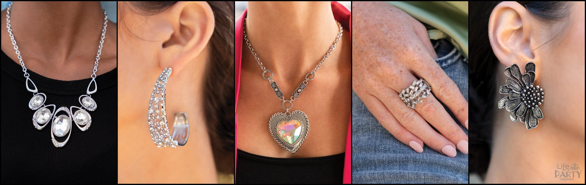 Paparazzi Accessories LOP: April 2022 Complete Pack - Cold as Ice (White Hoop Earrings) - Farmstead Meadow (Flower Earring) - Heart Full of Fabulous (Heart Iridescent Necklace - Hypnotic Twinkle (Necklace) - Scattered sensation (Ring) Jewelry Sets