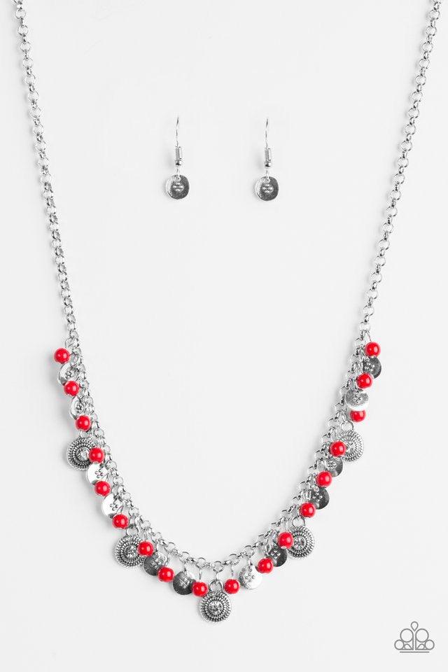 Paparazzi Accessories Fashion Formal - Red Dainty red beads and ornate silver discs swing from the bottom of a shimmery silver chain, creating a casual fringe below the collar. Featuring rhinestone centers, textured silver discs are sprinkled between refi