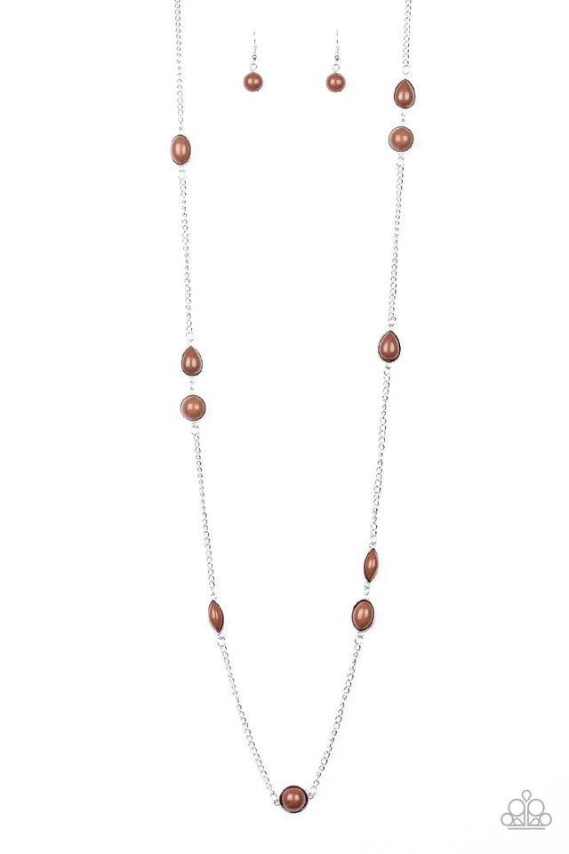 Paparazzi Accessories Pacific Piers - Brown Featuring round and teardrop shapes, brown beading trickles along an elongated silver chain for a seasonal look. Features an adjustable clasp closure. Sold as one individual necklace. Includes one pair of matchi