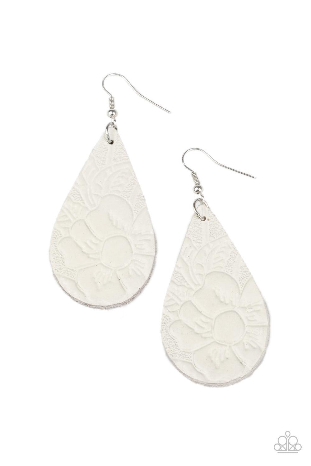 Paparazzi Accessories Beach Garden - White Embossed in a leafy floral pattern, an earthy white leather teardrop swings from the ear for a whimsical look. Earring attaches to a standard fishhook fitting. Sold as one pair of earrings. Jewelry