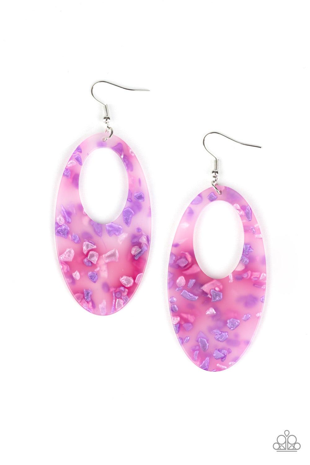 Paparazzi Accessories Rainbow Springs - Multi Featuring splashes of pink and purple, an iridescently flecked acrylic frame swings from the ear for a whimsical look. Earring attaches to a standard fishhook fitting. Color may vary. Jewelry