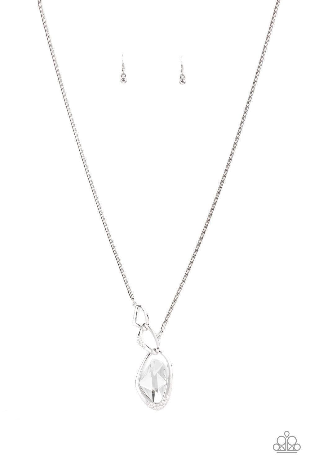 Paparazzi Accessories Optical Opulence - White A faceted white gem is nestled inside of a shimmery silver frame encrusted in dainty white rhinestones. The glittery pendant asymmetrically links with abstract silver frames at the bottom of a lengthened silv