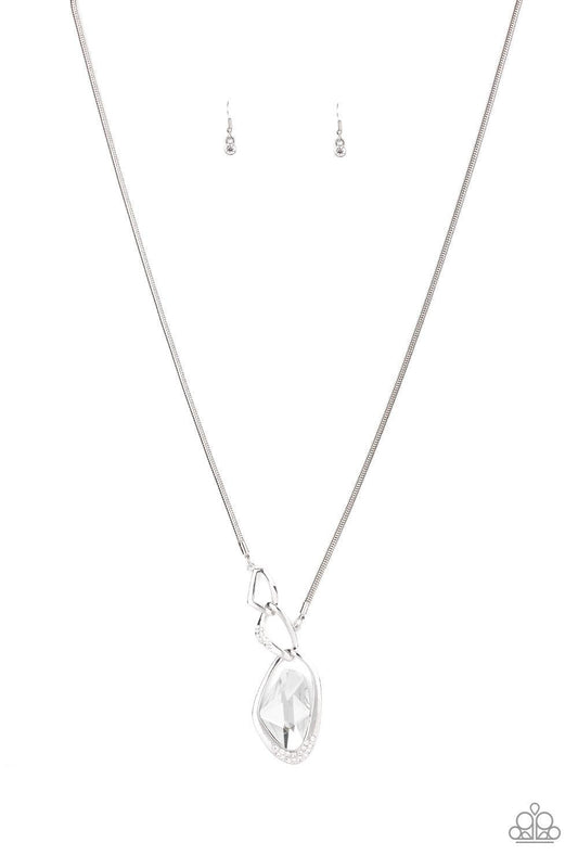 Paparazzi Accessories Optical Opulence - White A faceted white gem is nestled inside of a shimmery silver frame encrusted in dainty white rhinestones. The glittery pendant asymmetrically links with abstract silver frames at the bottom of a lengthened silv