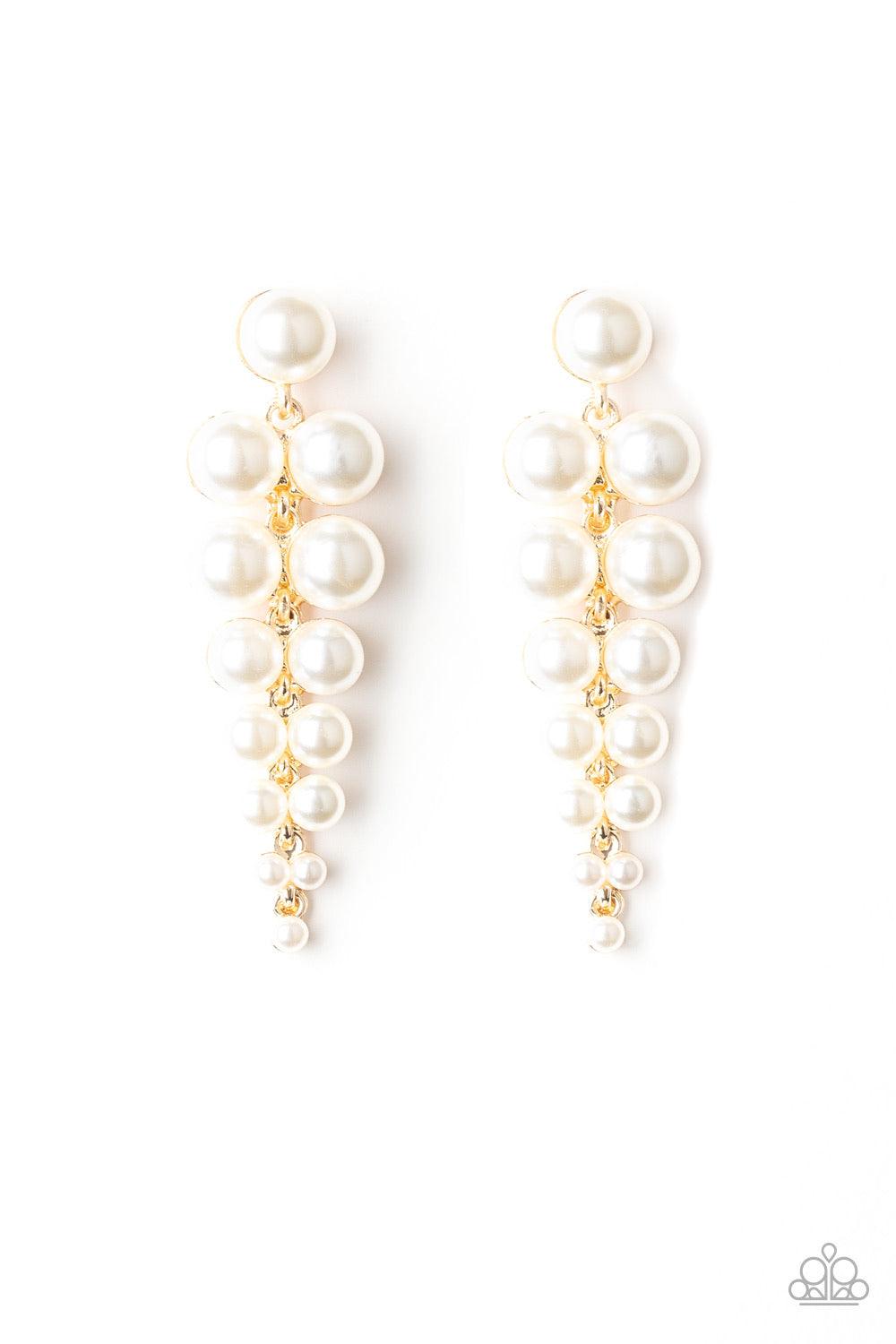 Paparazzi Accessories Totally Tribeca - Gold Gradually decreasing in size, pairs of classic white pearls drip from a solitaire pearl, coalescing into a dramatic triangular-shaped lure. Earring attaches to a standard post fitting. Jewelry