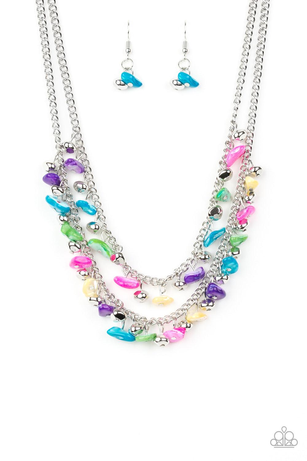 Paparazzi Accessories Pebble Pioneer - Multi Two strands of vivacious multicolored pebbles and faceted silver beads swing from the bottoms of two layered chains, creating a colorful fringe below the collar. Features an adjustable clasp closure. Jewelry