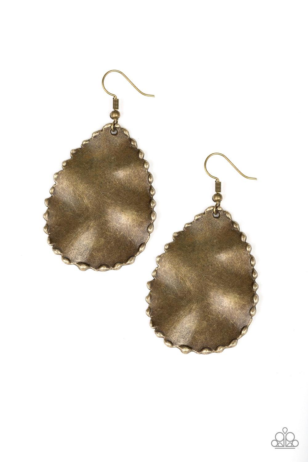 Paparazzi Accessories Trail Ware - Brass Brushed in a burnished finish, a hammered brass teardrop swings from the ear. The antiqued frame features textured edging for a rugged finish. Earring attaches to a standard fishhook fitting. Jewelry