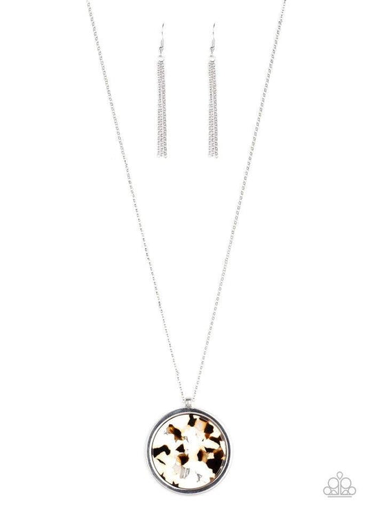 Paparazzi Accessories It’s POP Secret - Brown Featuring a brown and white tortoise shell pattern, a flat acrylic circle is pressed into a sleek silver ring, creating a colorfully retro pendant at the bottom of a lengthened silver chain. Features an adjust
