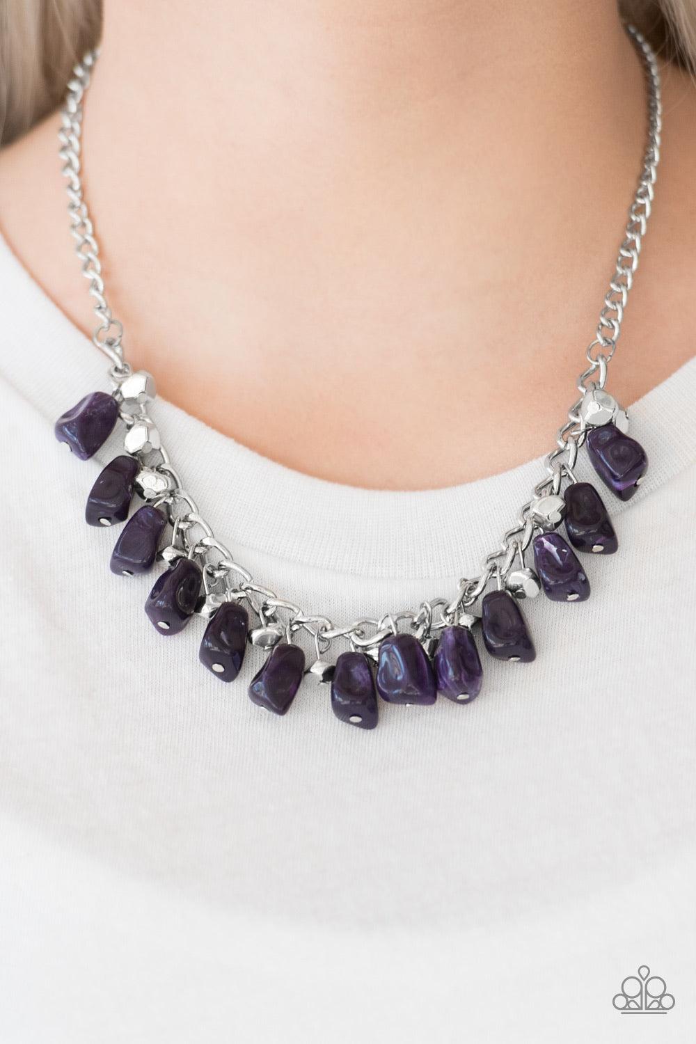 Paparazzi Accessories Rocky Shores - Purple Faceted silver and purple faux-rock beading trickle from the bottom of a bold silver chain, creating a colorful fringe below the collar. Features an adjustable clasp closure. Jewelry