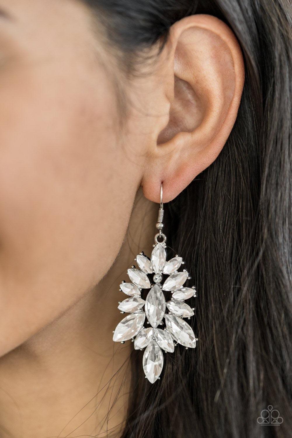 Paparazzi Accessories Billion Dollar Boss - White A single marquise-cut rhinestone gives way to an explosion of frosted refinement created by a frame of glittery marquise-cut rhinestones in varying sizes. As the gems fan out from the center, the result is