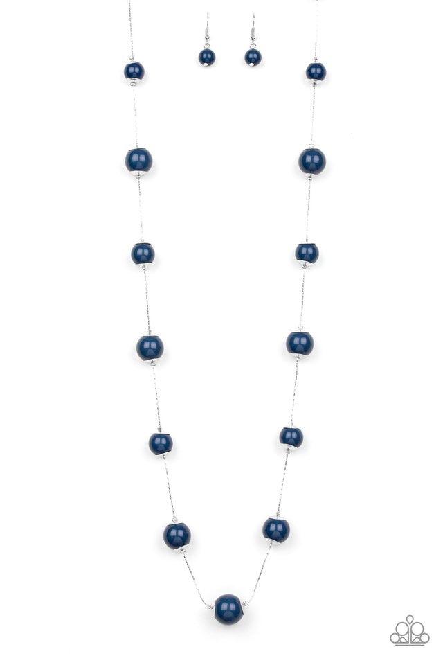 Paparazzi Accessories 5th Avenue Frenzy - Blue Nestled between sleek silver fittings, timeless Evening Blue beads gradually increase in size as they trickle along a dainty silver chain across the chest for a colorfully classic look. Features an adjustable