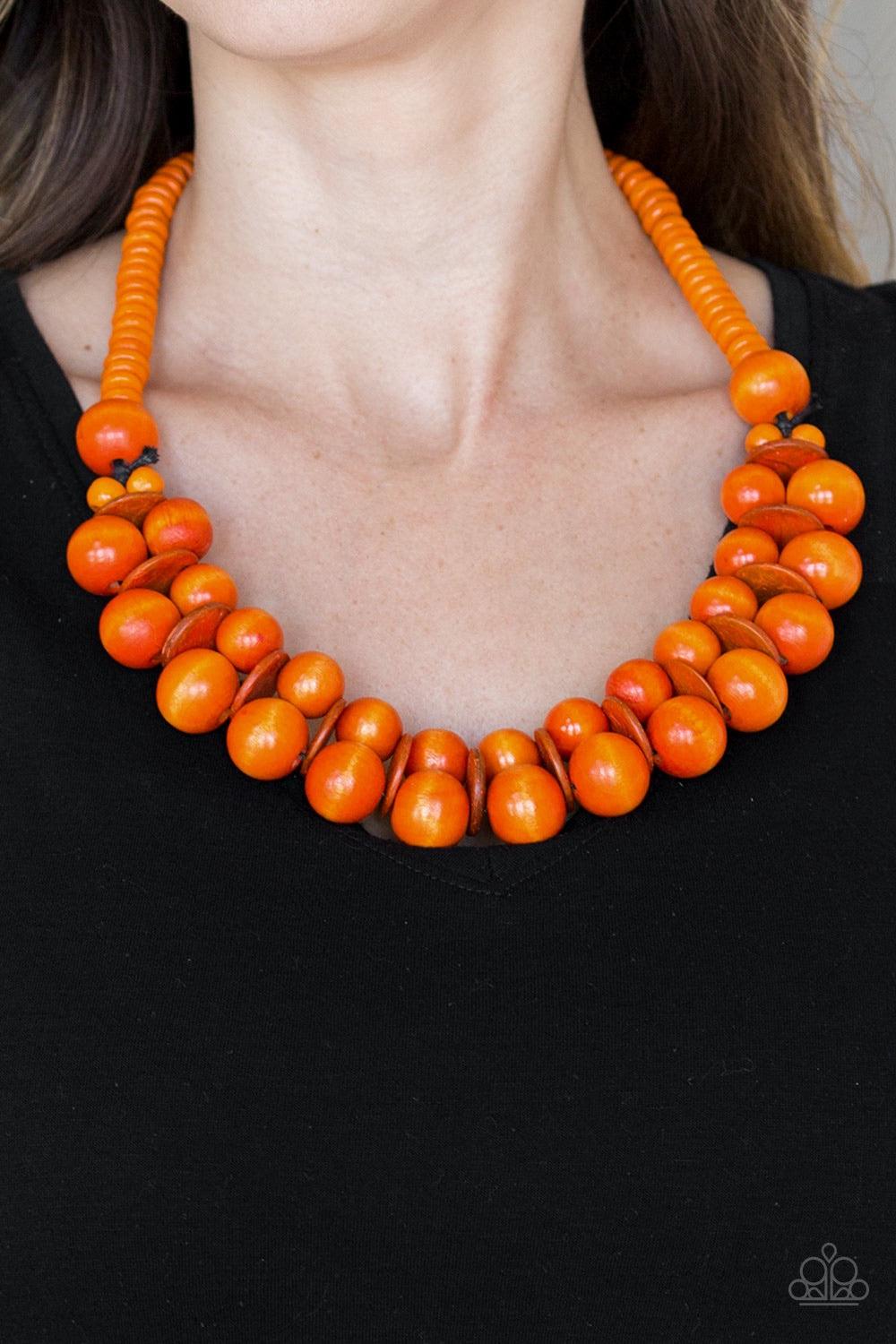 Paparazzi Accessories Caribbean Cover Girl - Orange Brushed in a distressed finish, vivacious orange wooden beads and discs join below the collar for a summery look. Features a button loop closure. Jewelry