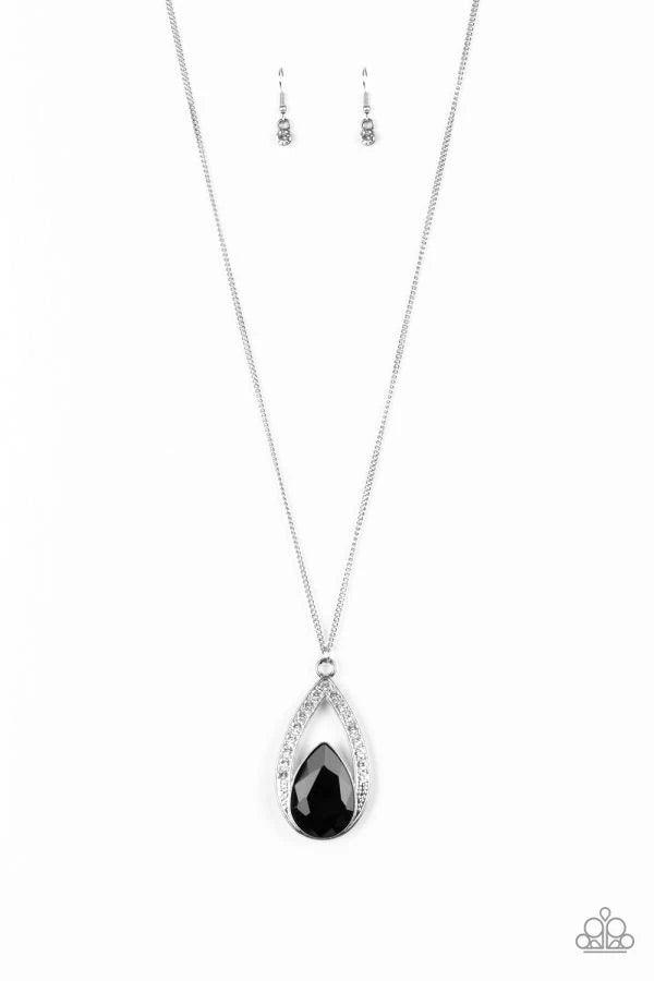 Paparazzi Accessories Notorious Noble - Black A glittery black teardrop gem is pressed into a silver frame radiating with glassy white rhinestones. The glamorous pendant swings from the bottom of a shimmery silver chain for a refined look. Features an adj