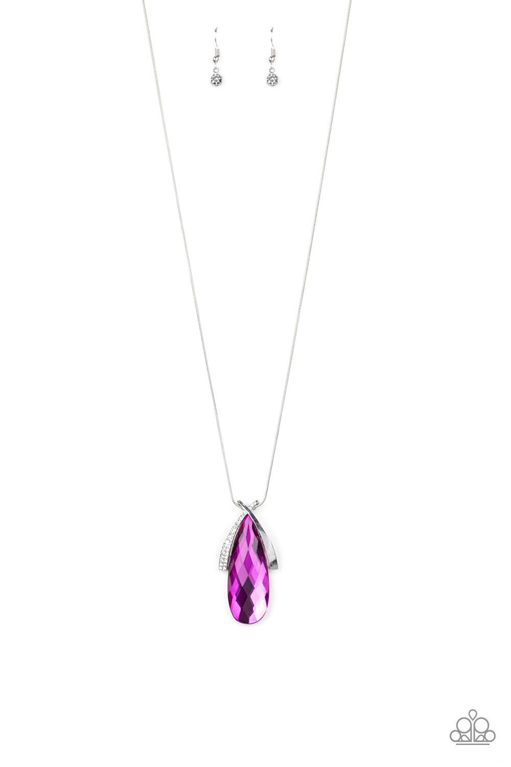 Paparazzi Accessories Stellar Sophistication - Pink A white rhinestone encrusted frame and smooth silver frame overlap at the top of a faceted pink teardrop gem, creating a dramatic pendant. The refined pendant swings from the bottom of a rounded snake ch