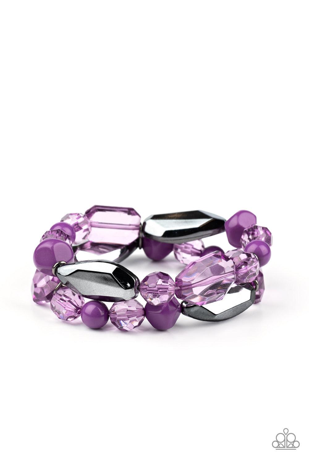Paparazzi Accessories Rockin Rock Candy - Purple Mismatched gunmetal, polished purple, and crystal-like beads are threaded along interlocking stretchy bands for a whimsical look. Sold as one individual bracelet. Jewelry