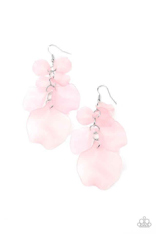 Paparazzi Accessories Fragile Florals - Pink Featuring a flirty pink hue, glass-like acrylic petals cascade from the ear, coalescing into a whimsical lure. Earring attaches to a standard fishhook fitting. Jewelry