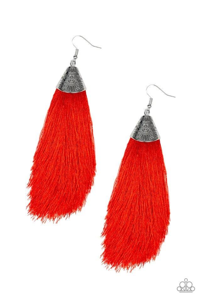 Paparazzi Accessories Tassel Temptress - Red A plume of soft red thread is pinched between a shimmery silver fitting stamped in tribal inspired textures, creating a foxy tassel. Earring attaches to a standard fishhook fitting. Jewelry