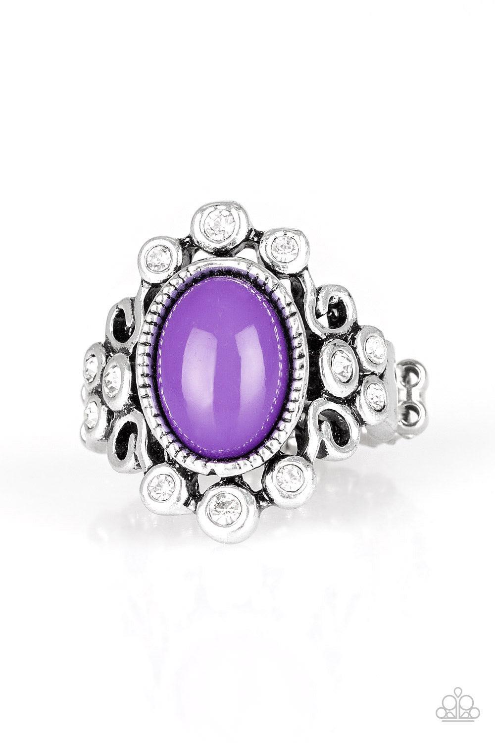 Paparazzi Accessories Noticeably Notable - Purple A polished purple bead is pressed into a bubbly silver frame radiating with glassy white rhinestones for a notable finish. Features a stretchy band for a flexible fit. Sold as one individual ring. Jewelry