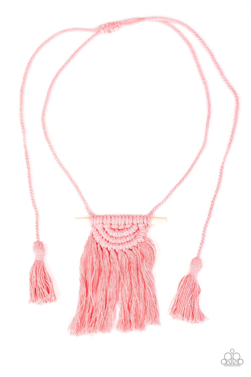Paparazzi Accessories Between You And MACRAME -Pink Rose Tan cording delicately wraps around a dainty wooden dowel, knotting into a tasseled macramé centerpiece at the bottom of a dramatically lengthened display. Features an adjustable sliding knot closur