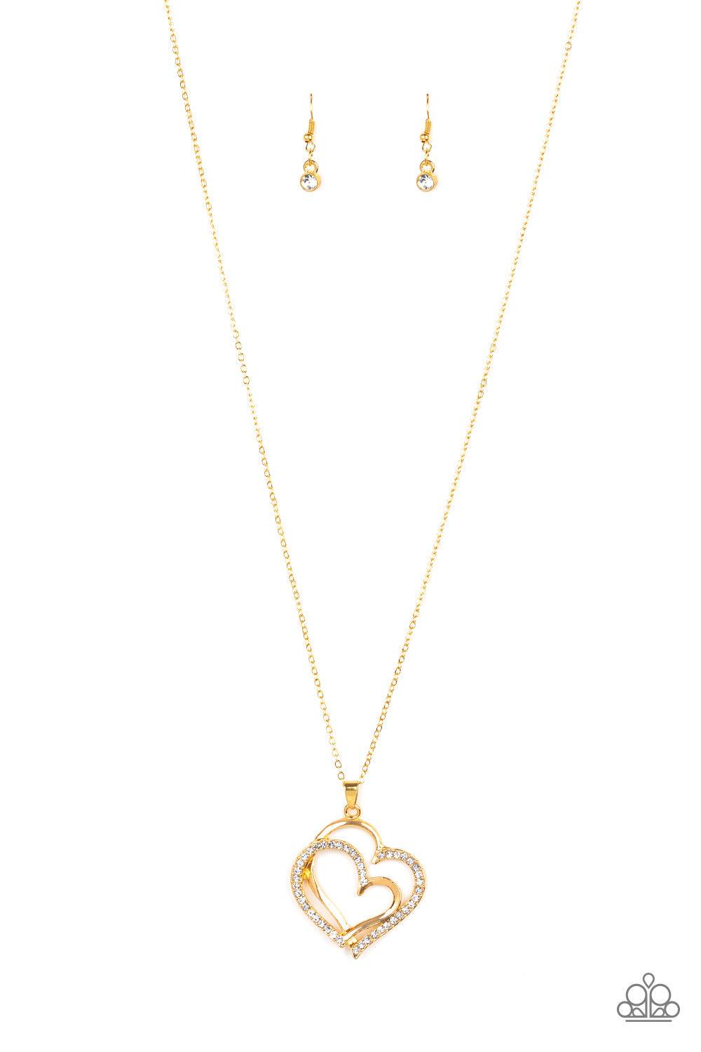 Paparazzi Accessories Lighthearted Luster ~Gold Encrusted in sections of glittery white rhinestones, two glistening gold hearts delicately join at the bottom of a lengthened gold chain for a charming look. Features an adjustable clasp closure.