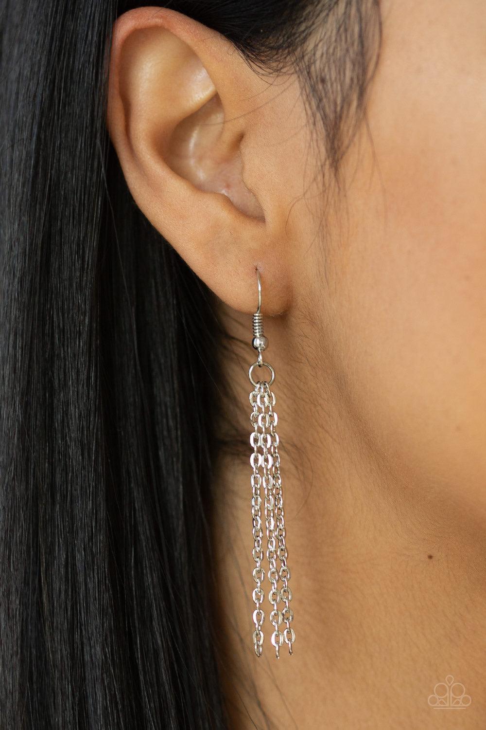 Paparazzi Accessories Pull Some HEART-strings - White Two rows of glittery white rhinestones stack into a sparkling heart pendant at the bottom of a lengthened silver chain for a heart-stopping look. Features an adjustable clasp closure. Jewelry