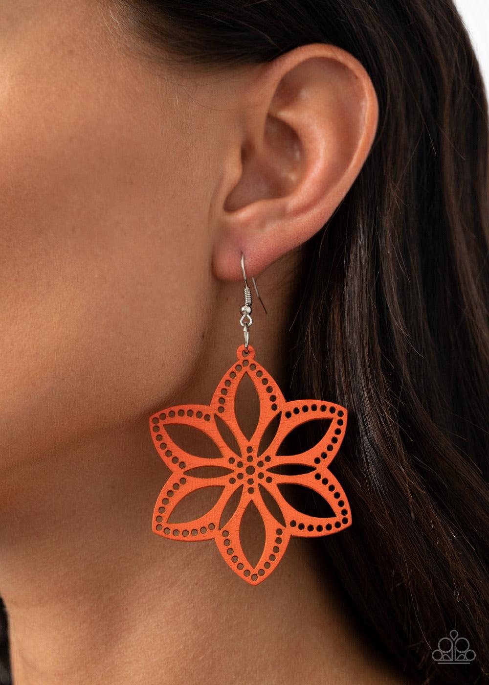 Paparazzi Accessories Bahama Blossoms - Orange Brushed in a refreshing orange finish, an airy wooden frame is cut into a stenciled flower for a summer inspired fashion. Earring attaches to a standard fishhook fitting. Sold as one pair of earrings. Jewelry