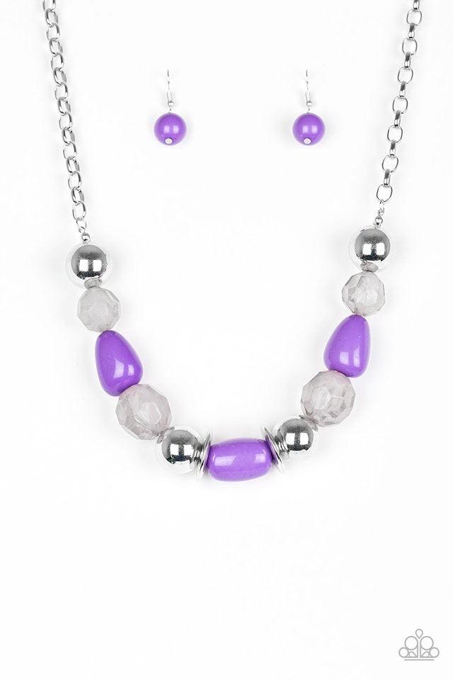 Paparazzi Accessories South Shore Sensation - Purple Dramatic silver, vivacious purple, and faceted cloudy beads are threaded along an invisible wire below the collar for a seasonal look. Features an adjustable clasp closure. Jewelry