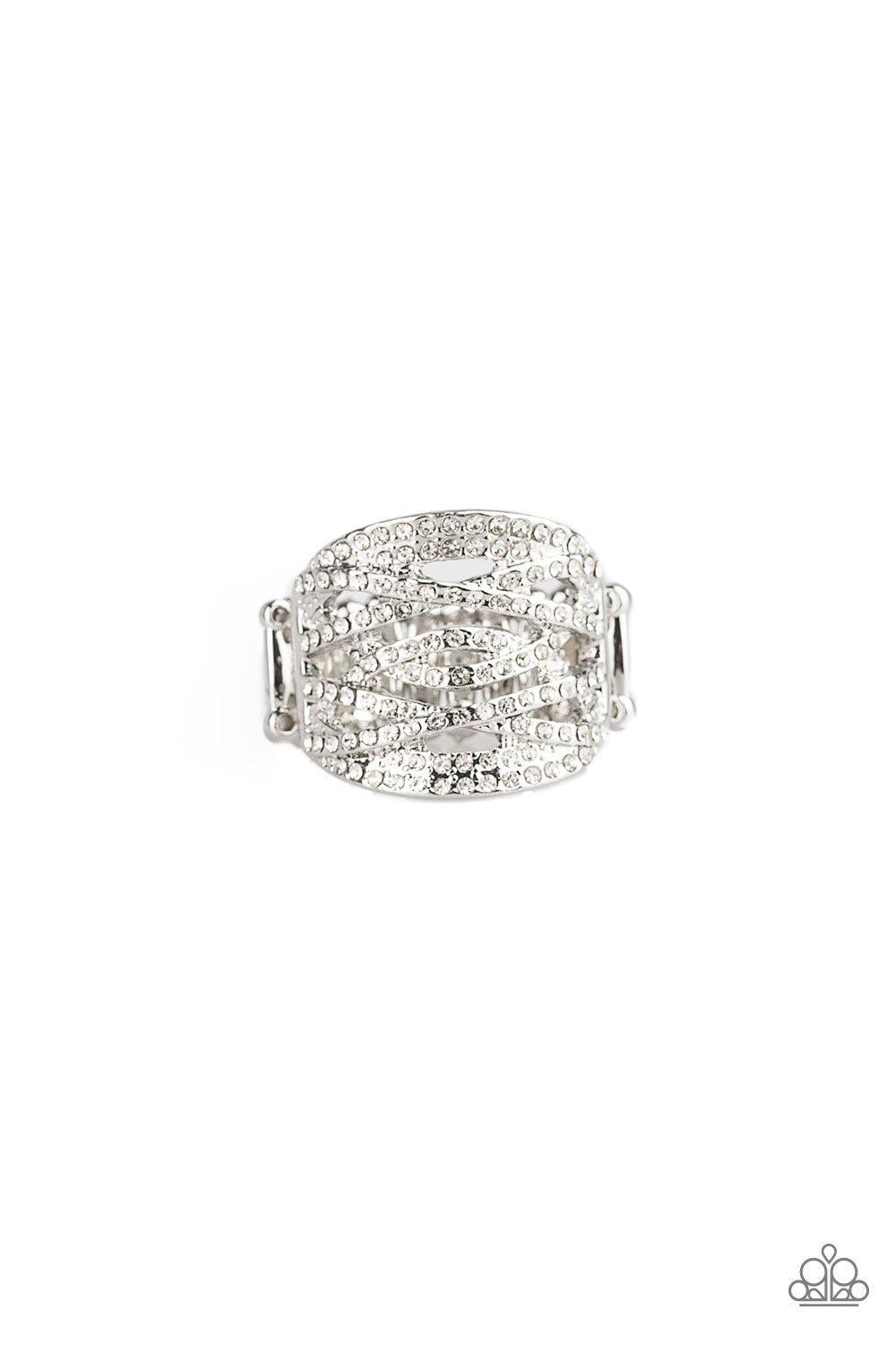 Paparazzi Accessories The Money Maker - White Radiating with dainty white rhinestones, glittery silver bands crisscross across the finger for a refined look. Features a stretchy band for a flexible fit. Jewelry